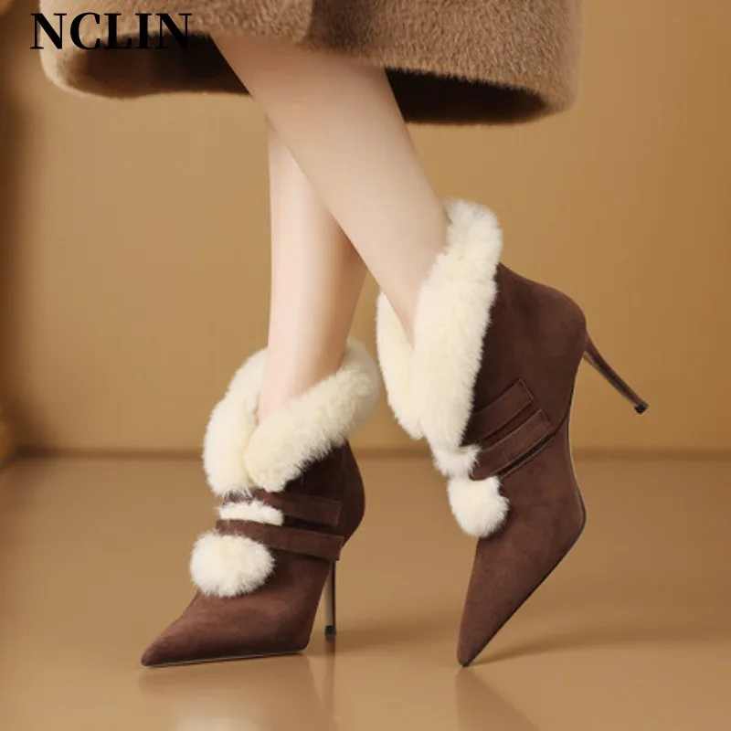 

2024 Autumn Sheep Suede Fashion Boots Pointed Toe Ankle Boots for Women Winter Genuine Leather High Heel Boots Zapatos De Mujer