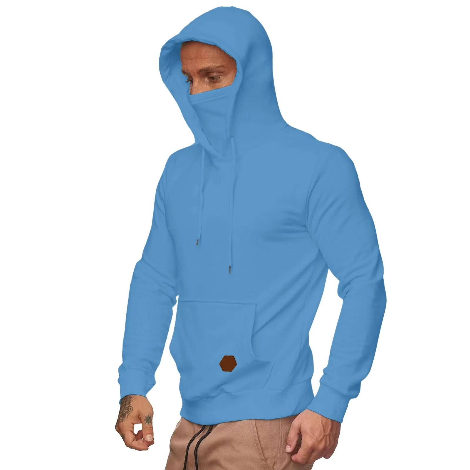 Men'S Fall Winter High Collar Mask Design Hooded Sweatshirt Leisure Solid Color Long Sleeve Splicing Top Pullover Hoodie