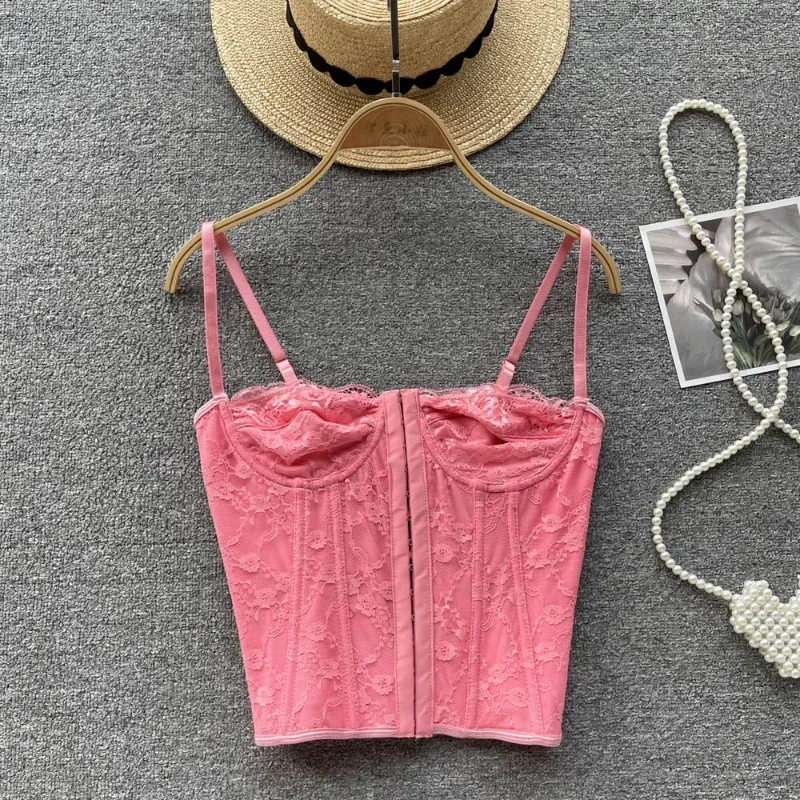 Women Camisole Tops Skinny Backless Multi-color Embroidery Lace Spaghetti Strap Fishbone