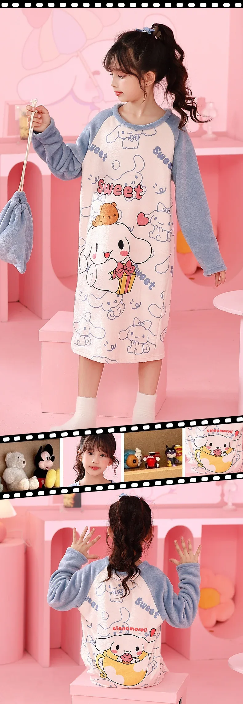 Sanrio Miniso Kuromi Hello Kitty Children's Girl's Autumn Pajamas Robes Long Sleeve Dress Anime Cartoon Print Loungewear