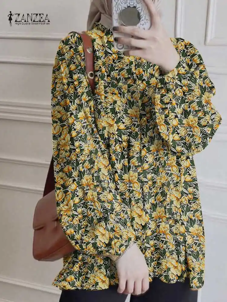 

ZANZEA Woman Vintage Muslim Blouses Bohemian Floral Printed Blouse Autumn Puff Sleeve O-Neck Shirt Casual Ruffles Tops Oversized