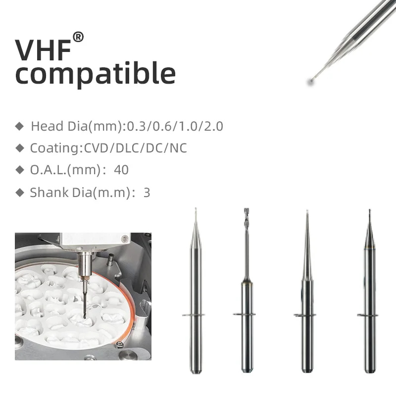 Dental Lab Zirconia Milling Burs Flat End Eills with Diamond Coating for VHF K5 CadCam Milling Machine