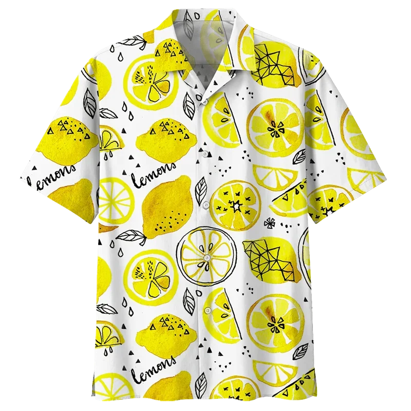 Lemon Pattern Aloha Shirts Men 3D Printed Tropical Fruits Short Sleeve Button Blouse Streetwear Oversized Lapel Hawaiian Shirt 5