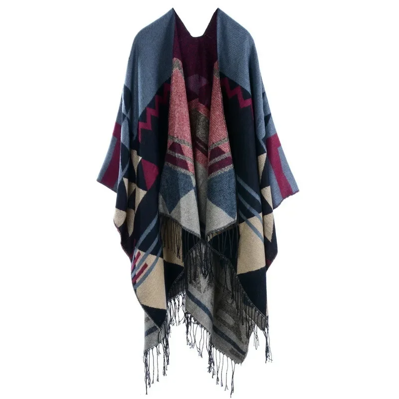 

Autumn Winter Geometric pattern tassel Double sided Split Warm Cape Women Imitation Cashmere Poncho Lady Capes Red Cloaks