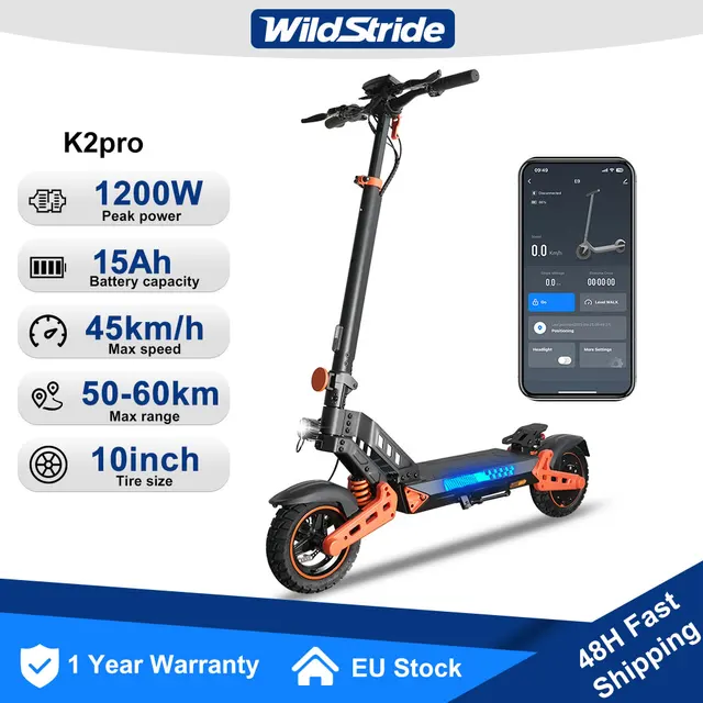trottinettes électriques Trottinette électrique Wildstride 1200w Peak Power pour adultes, 48v15ah, autonomie 60km, vitesse 45km/h, pneus tout-terrain 10 pouces, étanche, Escooter K2pro 1