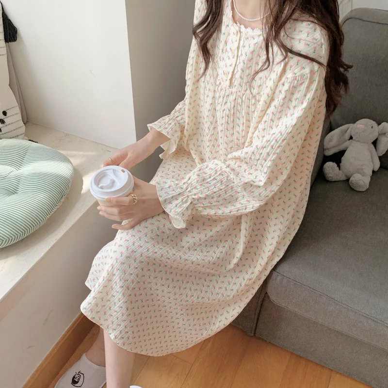 

Pink Flowers Print Autumn Night Dress Women Lace O-Neck Long Sleeve Casual Long Sleepwear Loose Cotton Nightgown Korean
