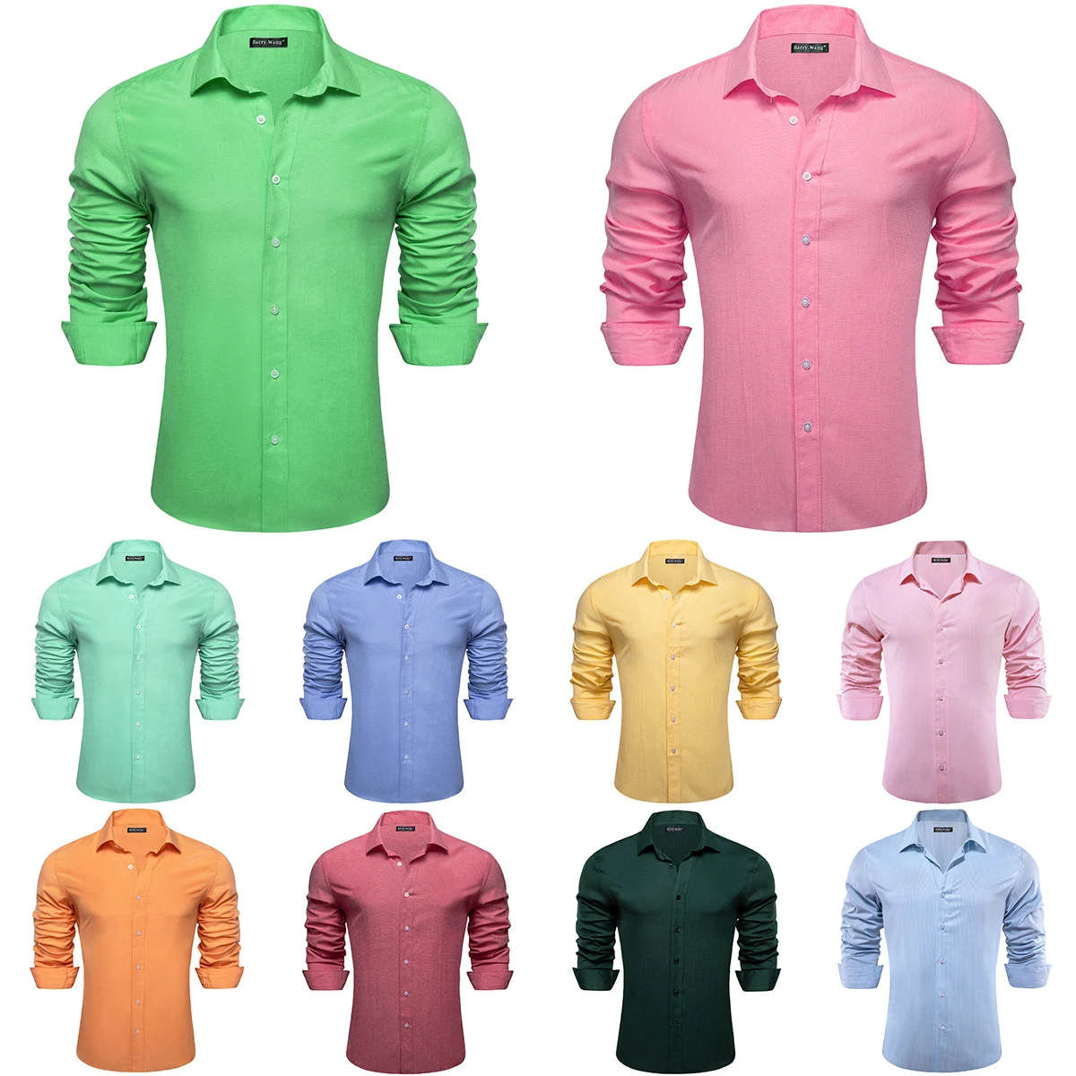 Designer Solid Shirts for Men Long Sleeve Blue Green Pink Black Yellow Cotton Polyester Male Blouses Slim Fit Tops Barry Wang
