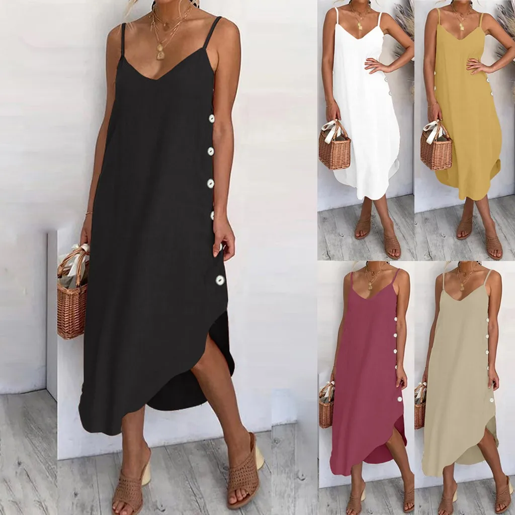 

Women Elegant Causal Summer Sexy Dress Low Cut Irregular Loose leisure Dresses Solid Color Party Prom Sleeveless Maxi Sundress