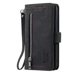 Luxurious Leather Zipper Wallet with Multi Card Slots and Wrist Strap - Note 8 (Black)