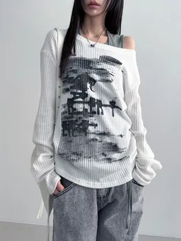 Autumn Harajuku Women Vintage Print Tees Streetwear Grunge Skew Collar Graphic Tshirt Y2k Aesthetic Casual Hiphop Grunge Top 1