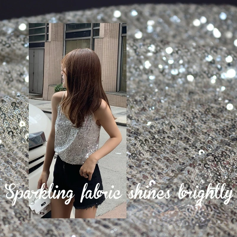

Sequin Fabric Stretch Straight Flaps Fashion Embroidered Sling Shirt Fabric Black Mesh Silver Sequin Fabrics for Wedding