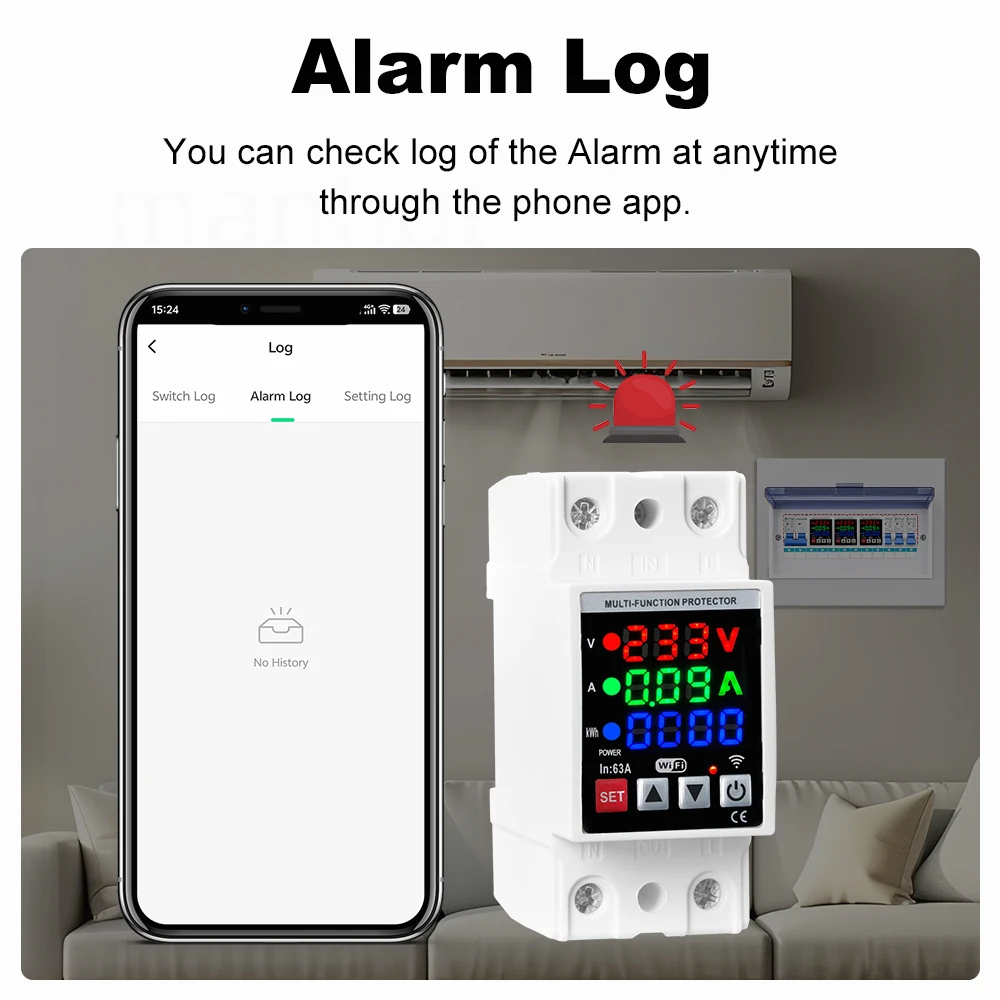 Tuya WiFi 63A Circuit Breaker Din Rail 3in1 Display Over Voltage Current and Under Voltage Protect Relay For Alexa Google Home