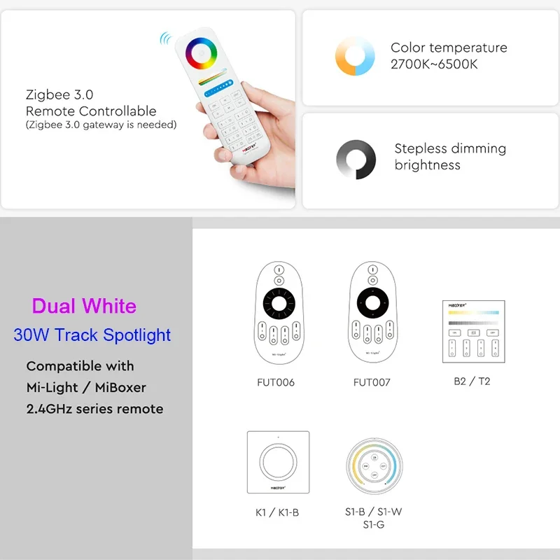 Miboxer 투야 앱 LED 트랙 라이트, RGBCCT, 듀얼 화이트 CCT, 지그비 3.0, 2.4G, RF 리모컨 천장 스포트라이트 램프, 110V, 220V, 30W