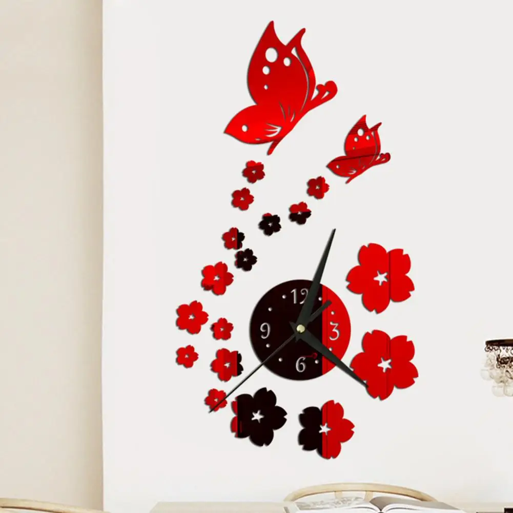 Wall clock self-adhesive battery operated long pointer 4 numbers silent 3D mirror butterfly plum blossom art clock 1 set