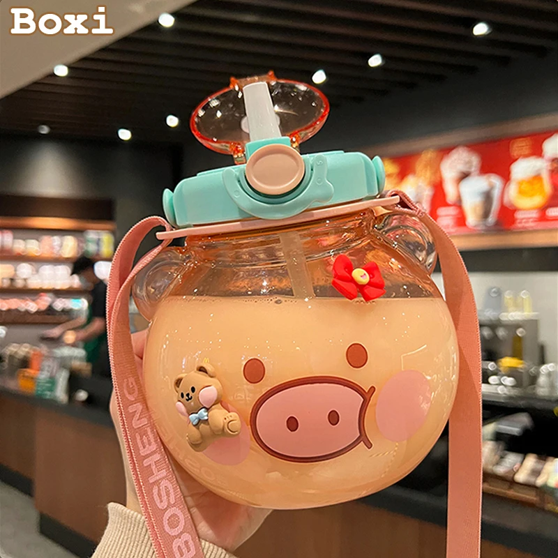 

New Cute Bear Big Belly Water Bottle With Straw Summer Outdoor Sport Bottles For Girls Kids Plastic Bubble Milk Tea Cup BPA Free
