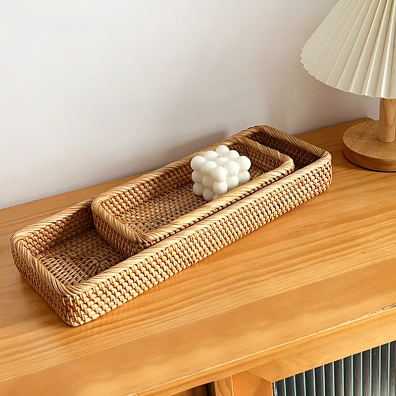Handmade rattan desktop square coffee bread tray Nordic style light luxury storage basket for cosmetics and sundries 2
