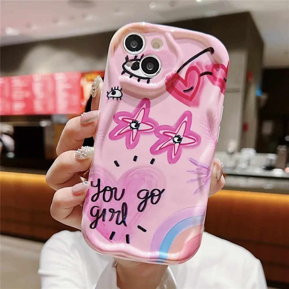 Soft Silicone Wavy Edge Phone Case with Love Heart & Flower Design