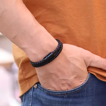 Noter New Minimalist Leather Bracelet For Men Magnet Buckle Handmade Braided Punk Braslet Double Layer Outdoor Survival Braclet