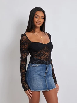 Women Crop Floral Lace Tops Long Sleeve Shirt Casual Pullovers for Club Streetwear Aesthetic Grunge Clothes 4