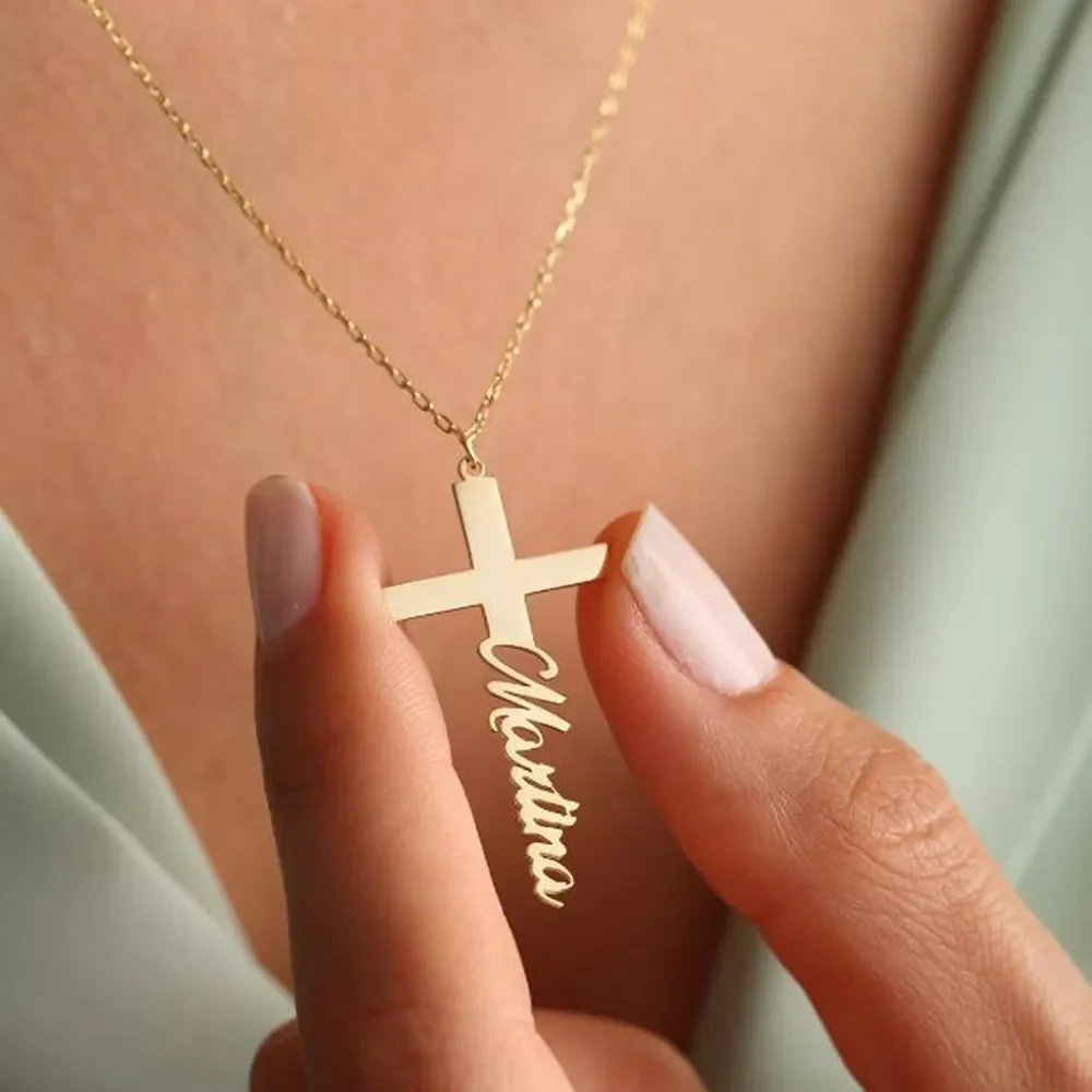 

Custom Name Necklace Stainless Steel Personalize Cross Nameplate Jesus Christian Faith Pendant Jewelry for Women Religious Gifts