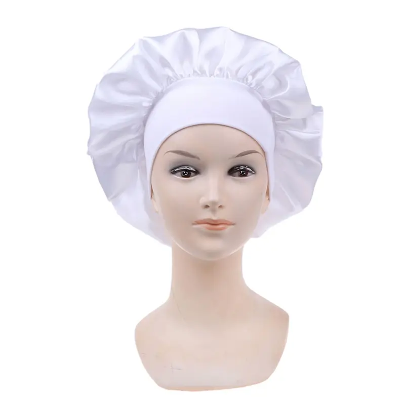 Satin Bonnet 58cm Long Hair Care Women Night Sleep Hat Silk Head Wrap Adjust Shower Caps Knitted Solid Color