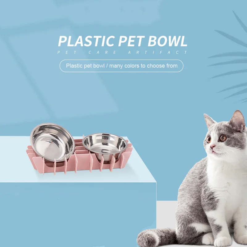 

DIY Pet Double Plastic Food Water Bowls for Cat Small Dog Drinker Feeder Eating Feeding Dishes Cups Items Products Supplies