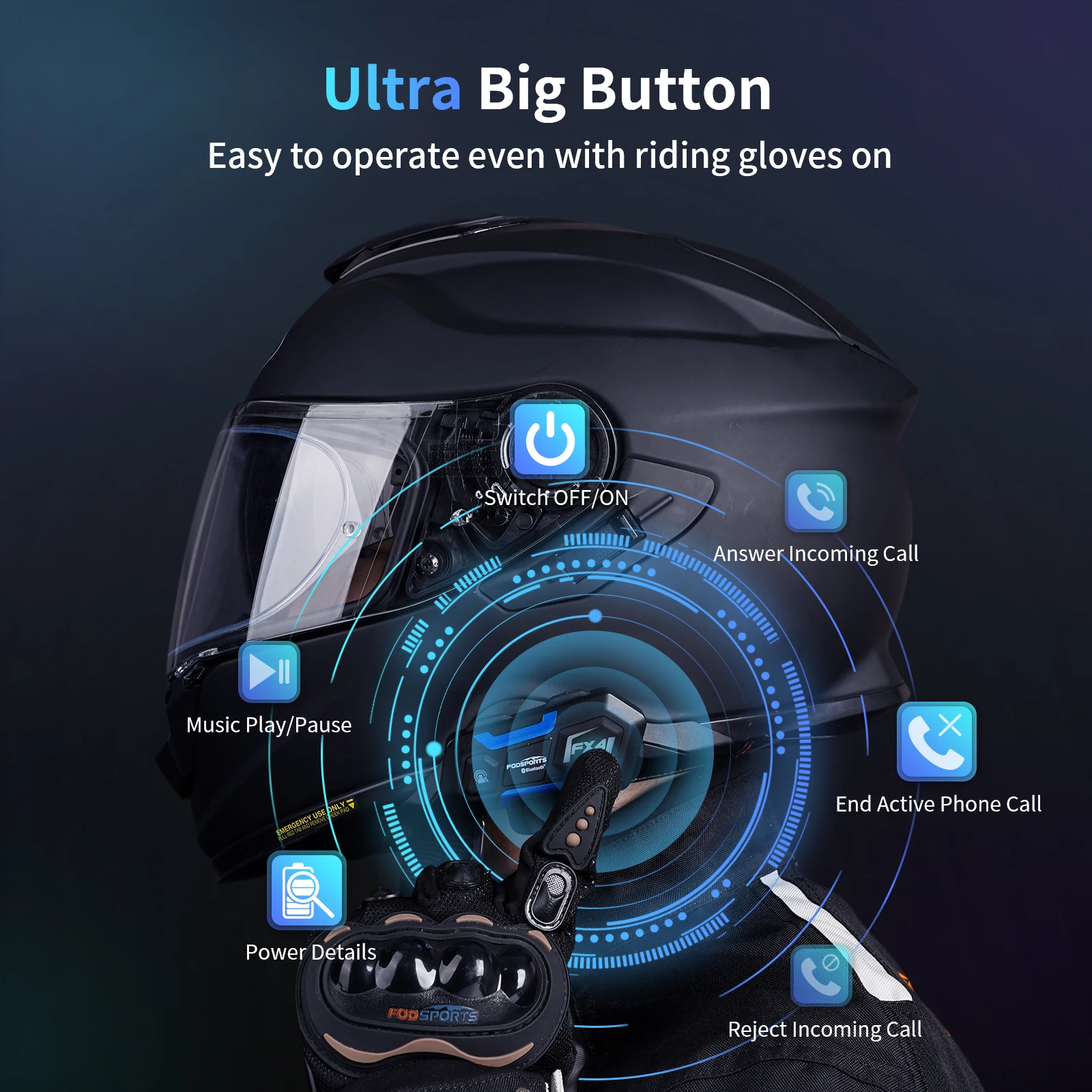 Fodsports FX4 Pro Motorcycle Intercom Helmet Bluetooth Headset Interphone 4 Rider 1200m,FM Radio