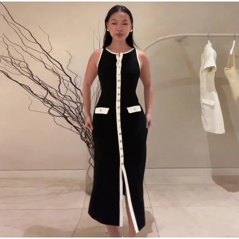 Elegant Single Breasted Knitted Maxi Dress Women Fashion O Neck Sleeveless Fake Pockets Dresses New Lady High Street Robes