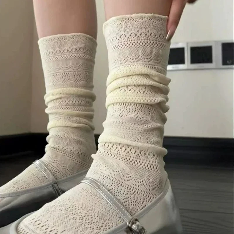 Description Picture 5 of itemSweet Lolita Lace Hollow Long Socks Women Girls Summer Lolita Sock Casual Crew Loose Sox Mid-tube Thin Stockings Streetwears