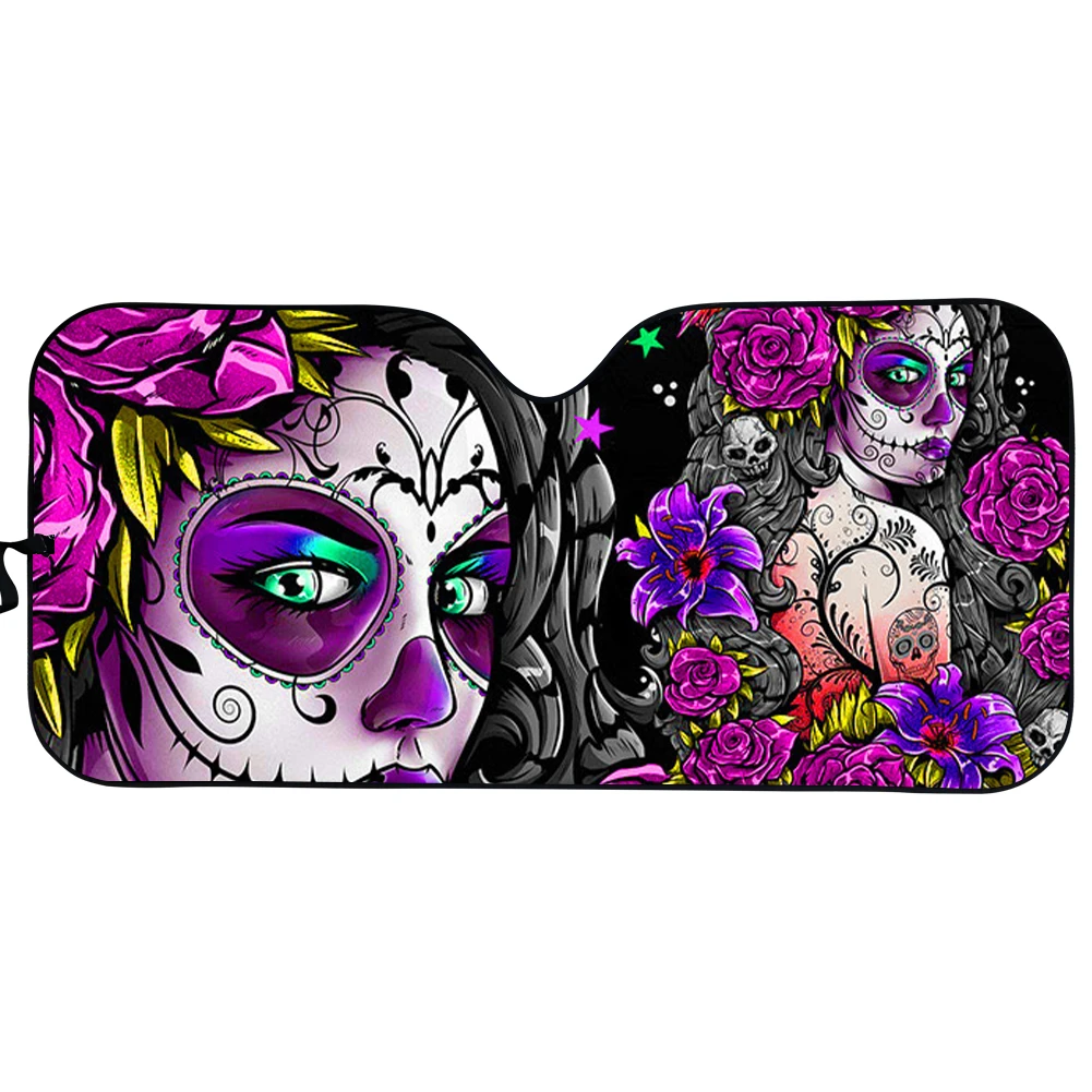 

INSTANTARTS Sugar Skull Girls Print Car Sunshade Light UV Protect Auto Shade For Windshield Foldable Cars Front Window Sun Shade