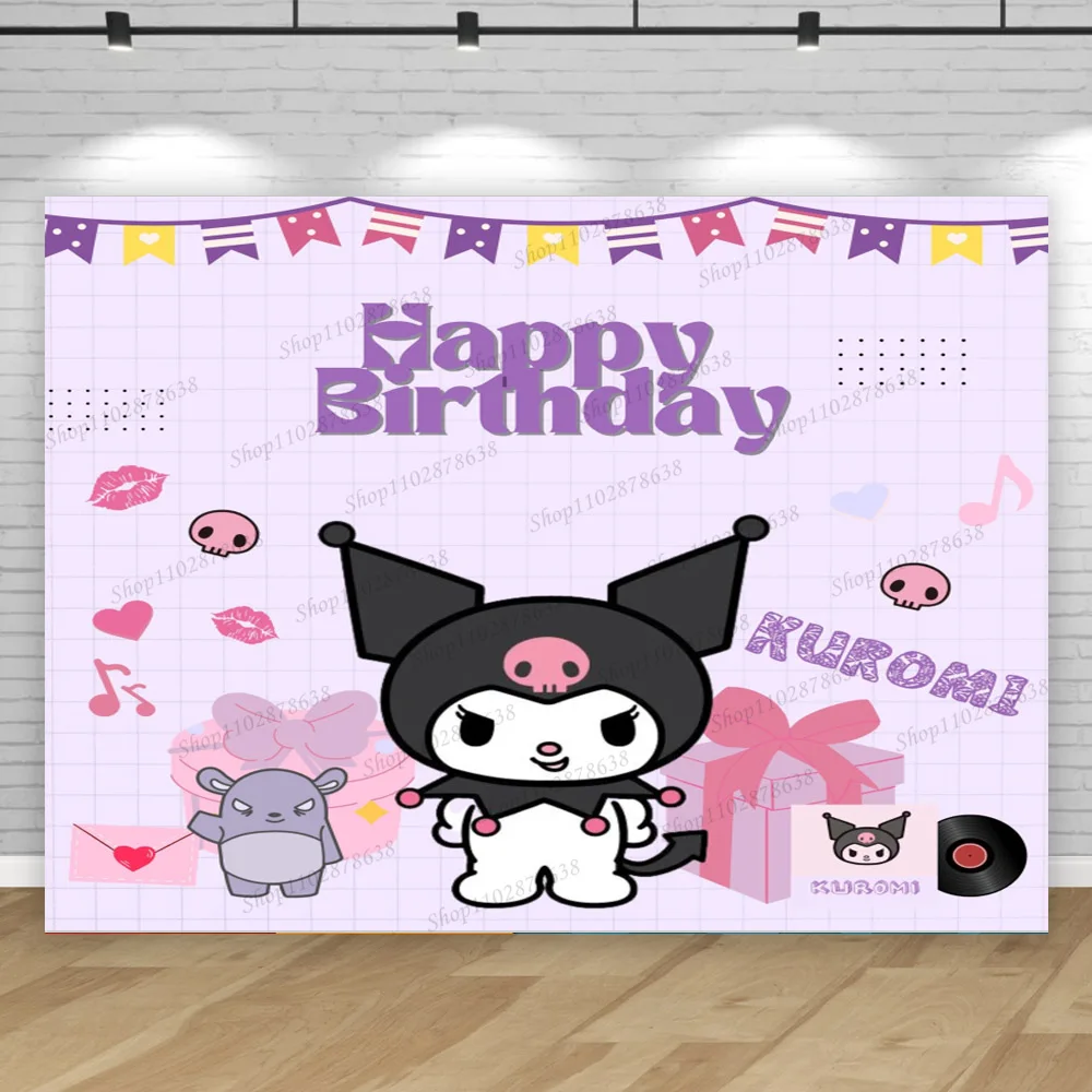 thumbnail image 1 of Fondo con temática de Kuromi, Hello Kitty, niña, fiesta de primer cumpleaños, baby shower, fondo para fotografía, estudio fotográfico, pancarta decorativa, 1 of 4