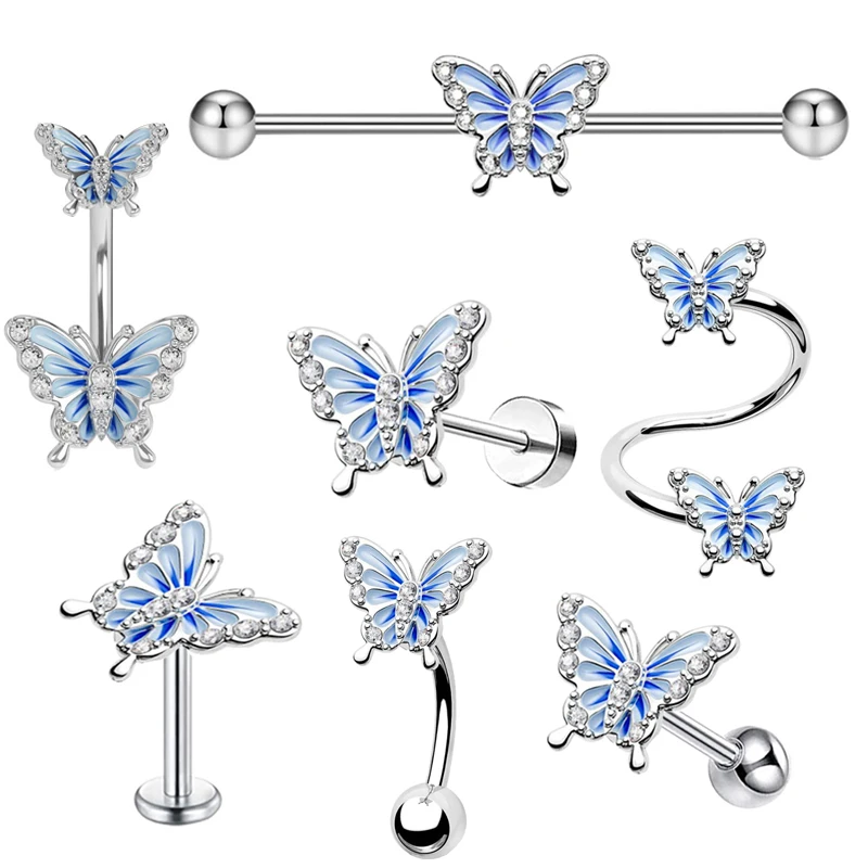 

Wholesales Butterfly Navel Belly Button Rings Nose Piercing Industrial Barbell Eyebrow Cartialge Stud Twist Lip piercing Earring