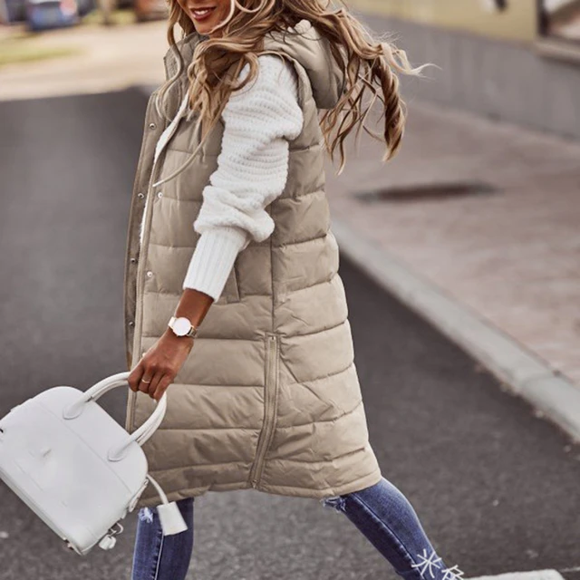 Chaleco Largo Con Capucha Para Mujer Chaqueta Sin Mangas Moda De Invierno  Casual 