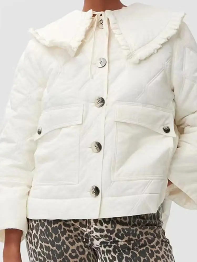 

Женская Стеганая куртка с оборками, однобортный Кардиган с длинным рукавом и отложным воротником, короткая парка, 3 цвета