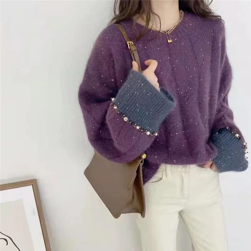 

Free Size Womens Sweaters Winter O-neck Long Sleeve Pullover Solid Loose Casual Nail Bead Female Knitwear Ladies Clothes Hw65