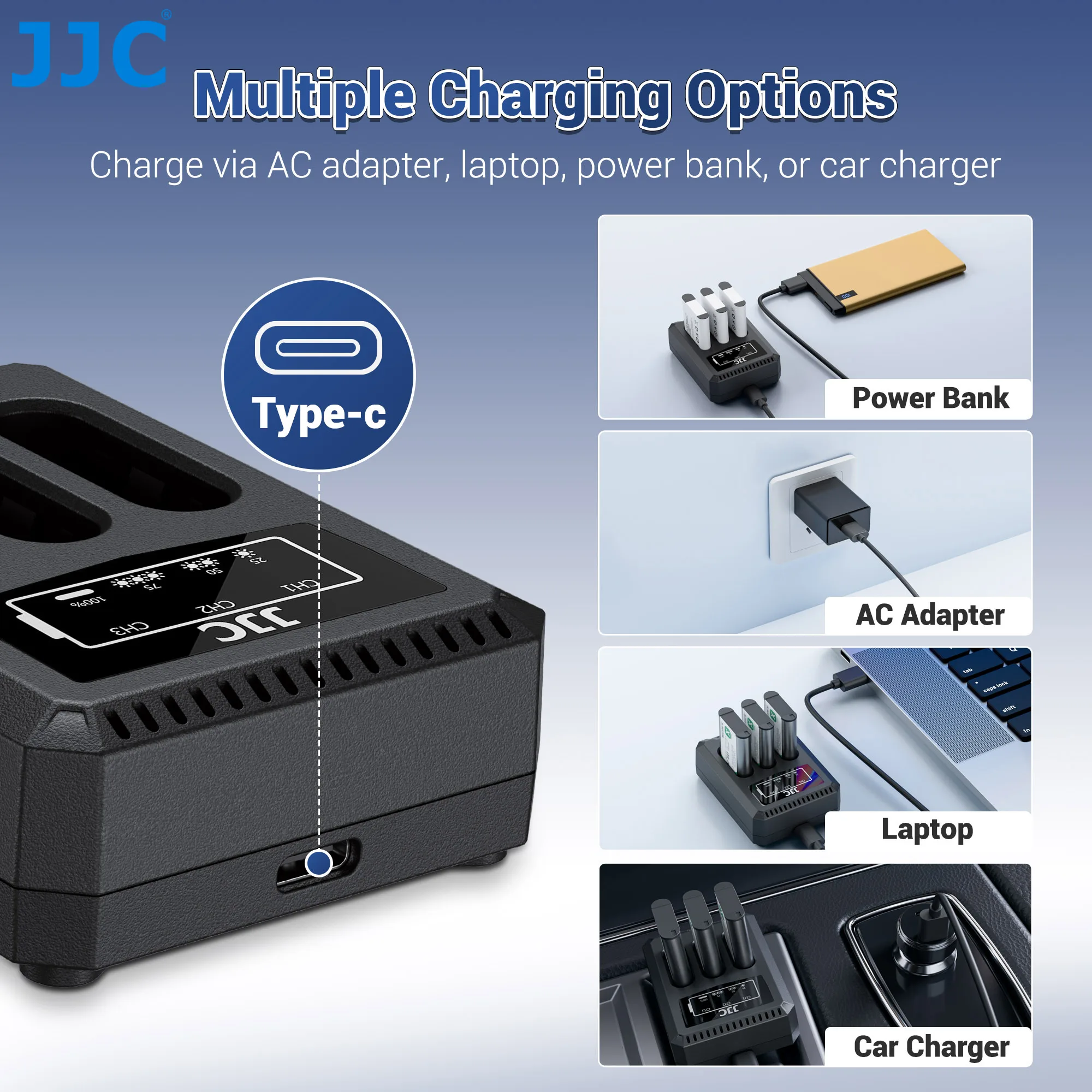 JJC NP-BX1 배터리 충전기 USB 트리플 슬롯 ( ZV-1F ZV1F ZV-1 II ZV-1 ZV1 RX100 VII VI VA V IV III II HX80 HX90 HX90V HX99 호환)