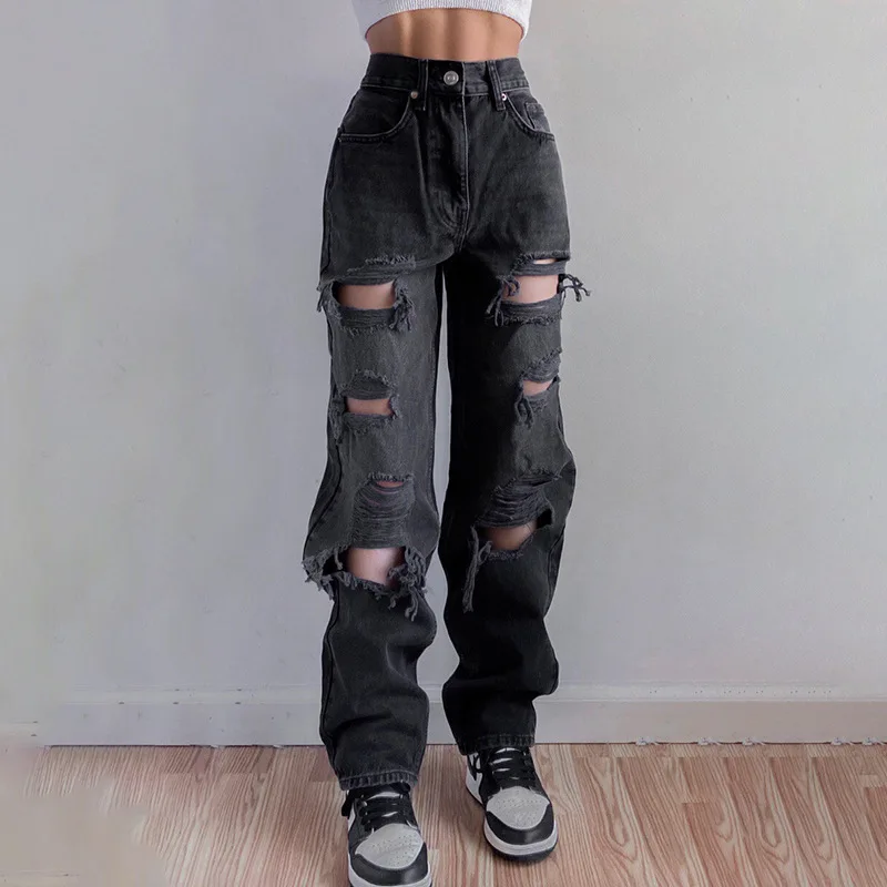 

Hole Ripped Women Distressed Black Jeans Casual Hip Hop High Waist Pants Capris Pocket Straight Ladies Bf Jeans Denim Trousers