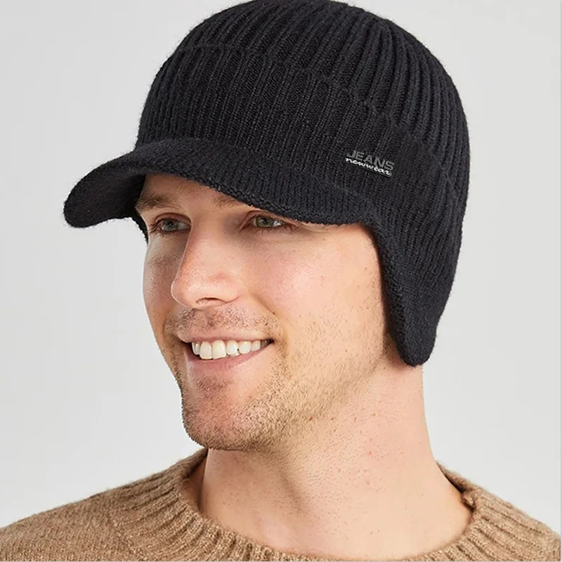 

New Winter Men Hat Outdoor Ear Protection Warm Thick Bicycle Knitted Cap Scarf Windproof Visors Baseball Cap Male