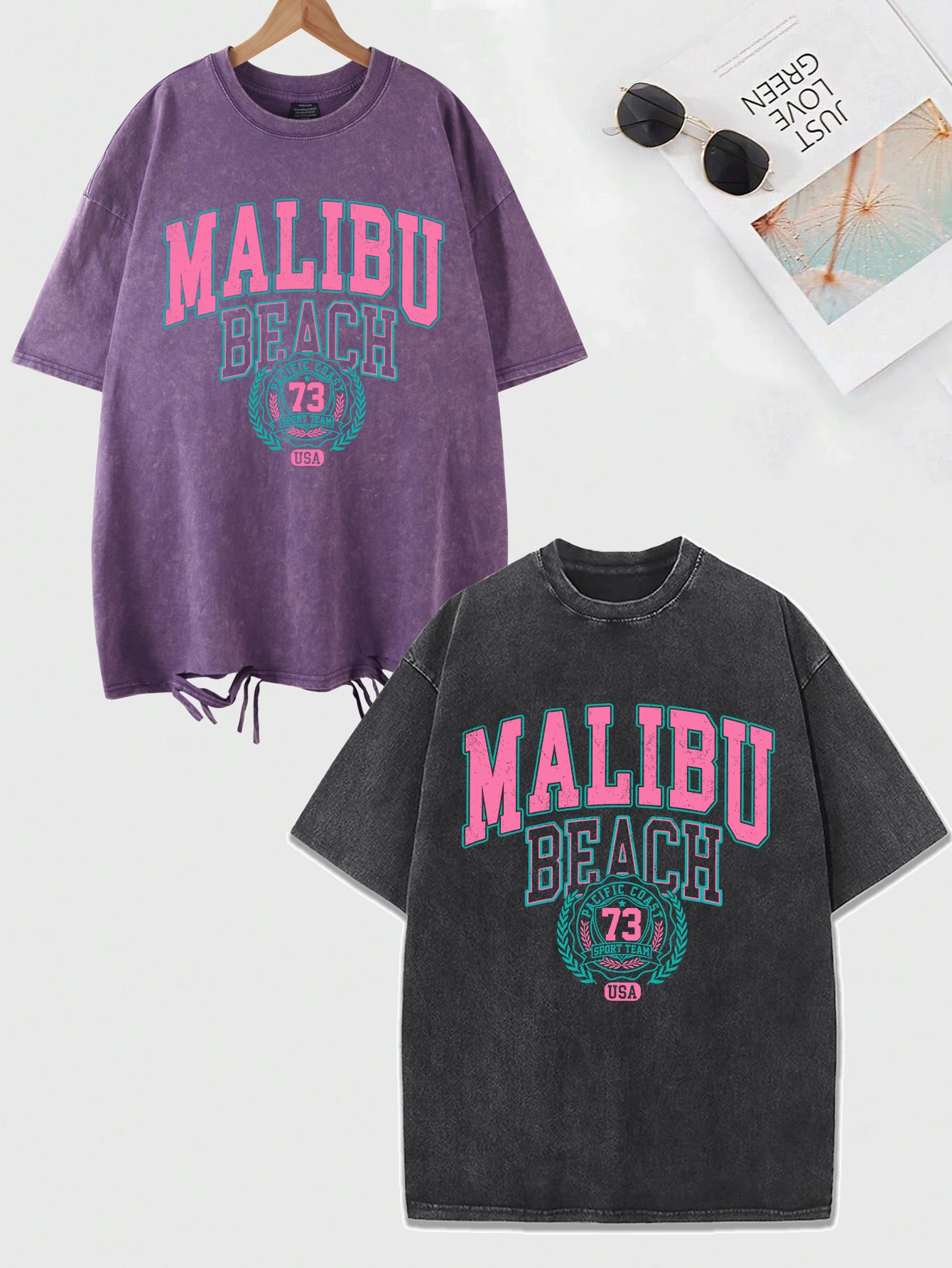 Malibu-Camiseta lavada de playa para mujer, Camiseta de algodón con estampado de letras, camisetas cómodas con cuello redondo, camisetas informales de gran tamaño, ropa femenina