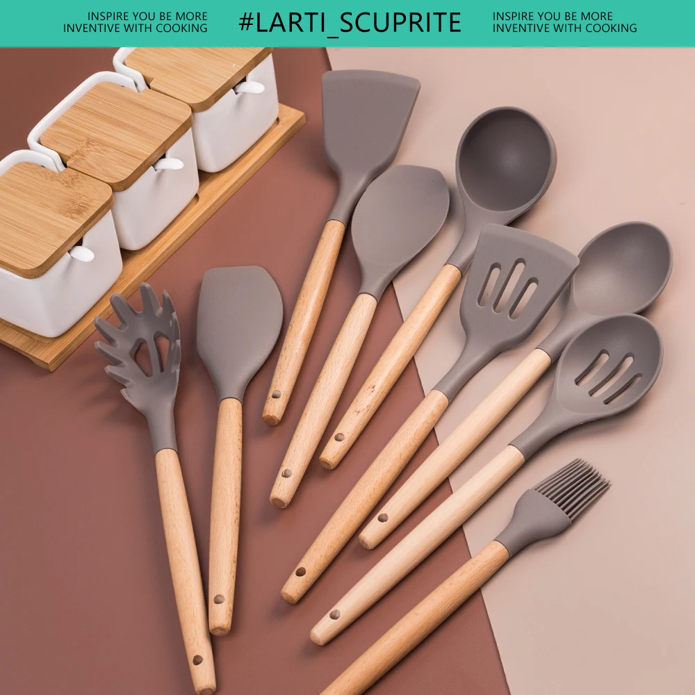 Good Quality Kitchen Cooking Silicone Utensils Set Wooden Handle