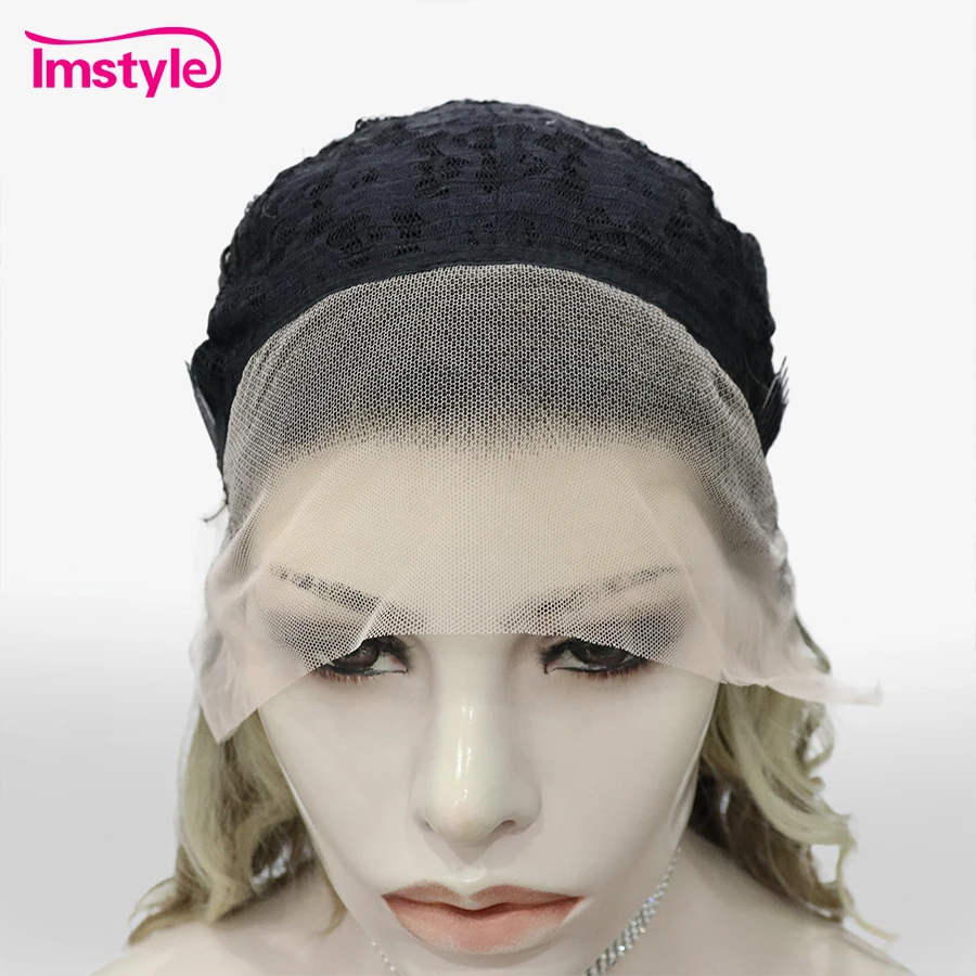 Synthetic Wig Imstyle Short Brown Lace Front Highlight Blonde Deep Wave For Women Heat Resistant Fiber Daily 14''