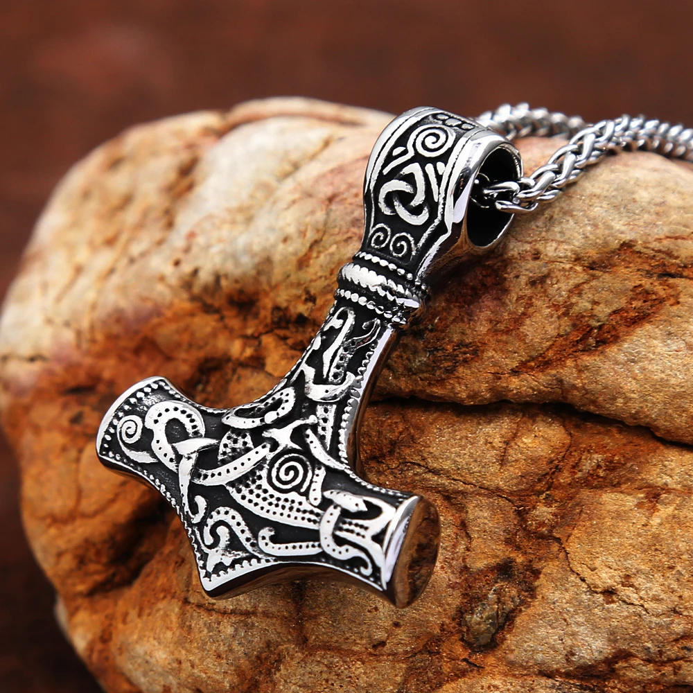 Nordic Thor Hammer Necklace Silver Color Stainless Steel Celtic Mjolnir Pendant Necklace Men's Lucky Amulet Jewelry Accessories