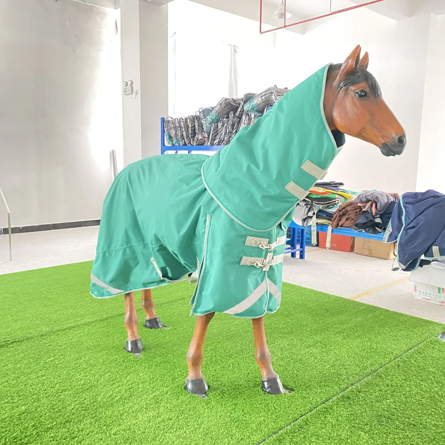 High Quality 1200D Ripstop Breathable Horse Blanket Sheet Waterproof Green Turnout Horse Rug with Full detachable neck