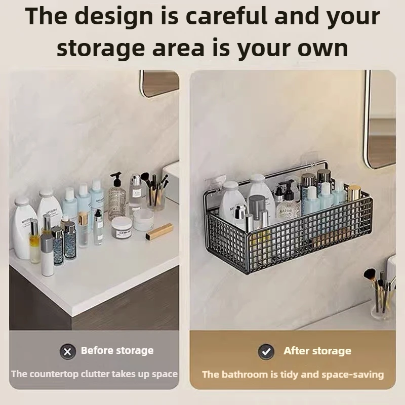 Non Perforated Bathroom Shelf Storage Basket with Hooks for Wall Storage Toiletries Shampoo and Shower Gel Storage 5