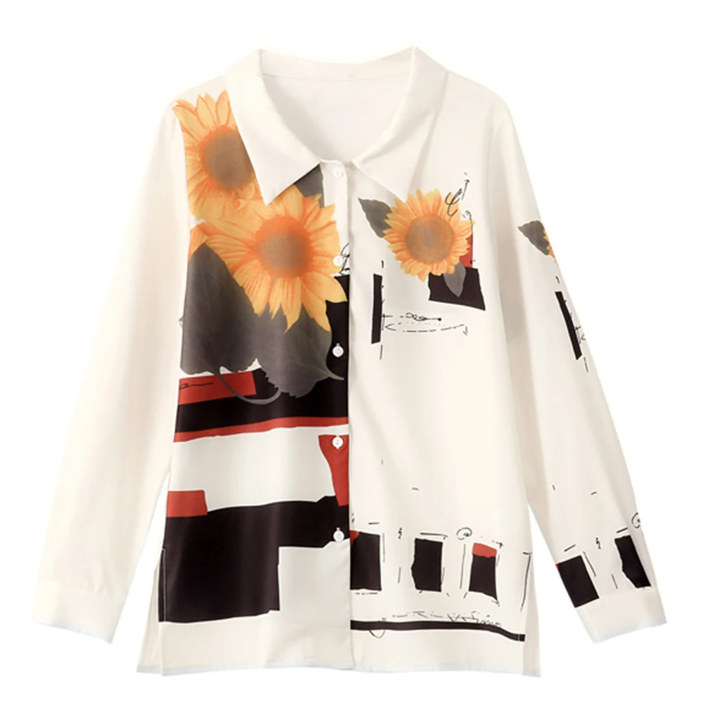 

New Women Vintage Chiffon Shirts For Women Sunflower Print Full Sleeve Turn Down Collar Blouses Pattern Casual Autumn Tops 2022