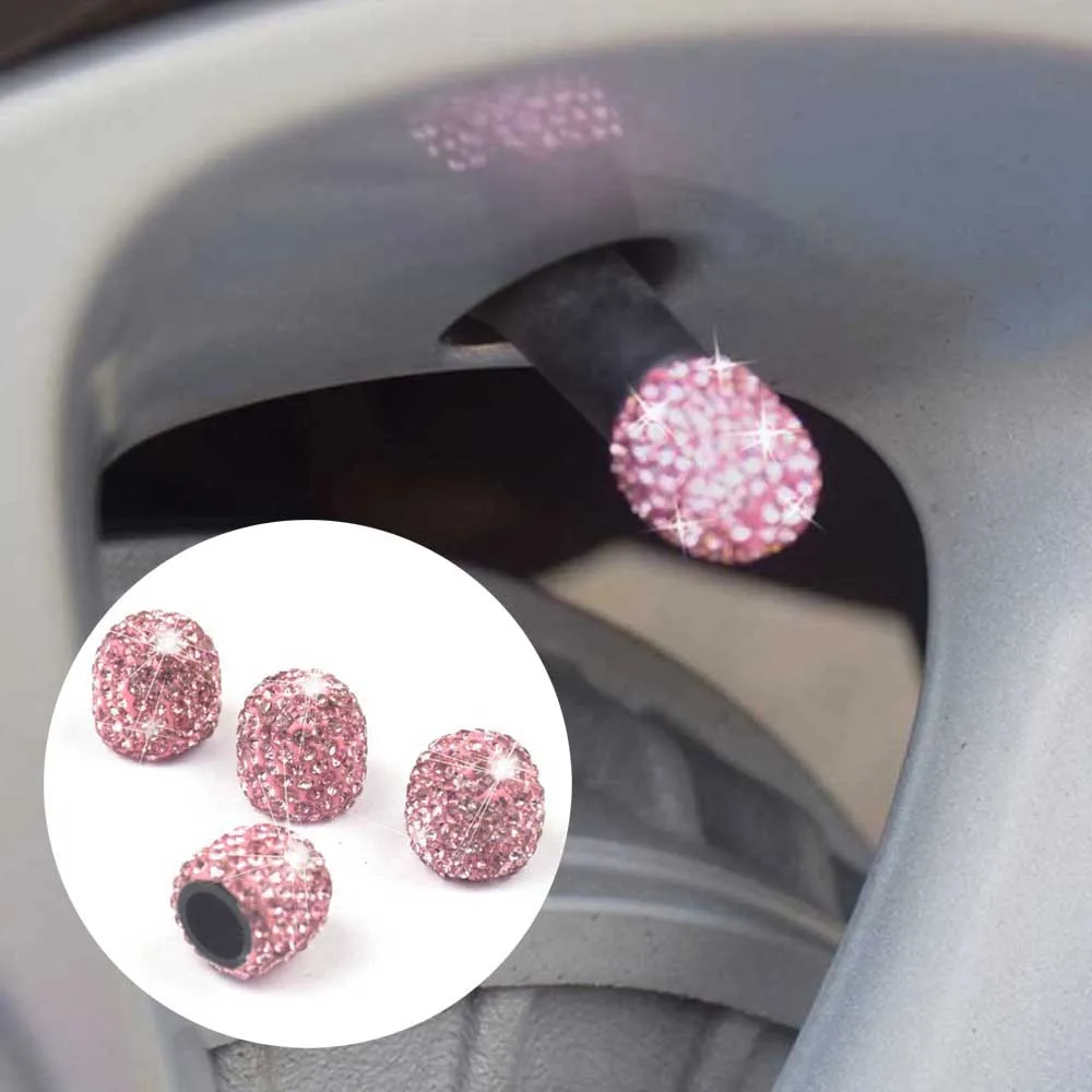 4pcs Clay + Rhinestone Car Tire Air Sealing Cap Anti-rust Dust-Proof Valve-Cap Pink Sparkling-rhinestones Valve Stem Cover