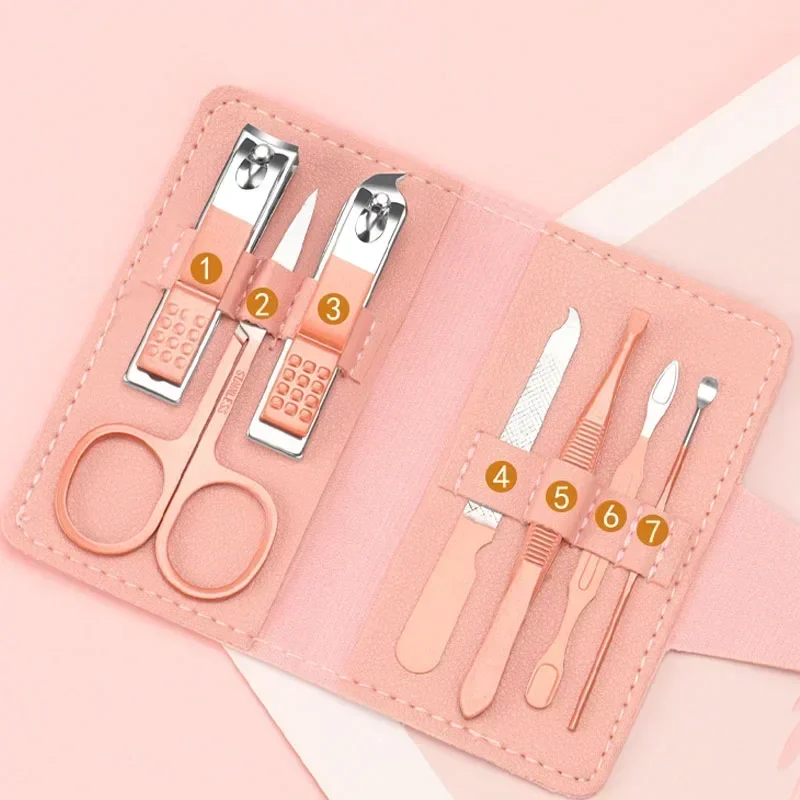 PU Leather Manicure Pedicure Nail Care 7pcs Cutter Scissor Tweezer Clipper Kit Set With Colorful Case Manicure Kit Set
