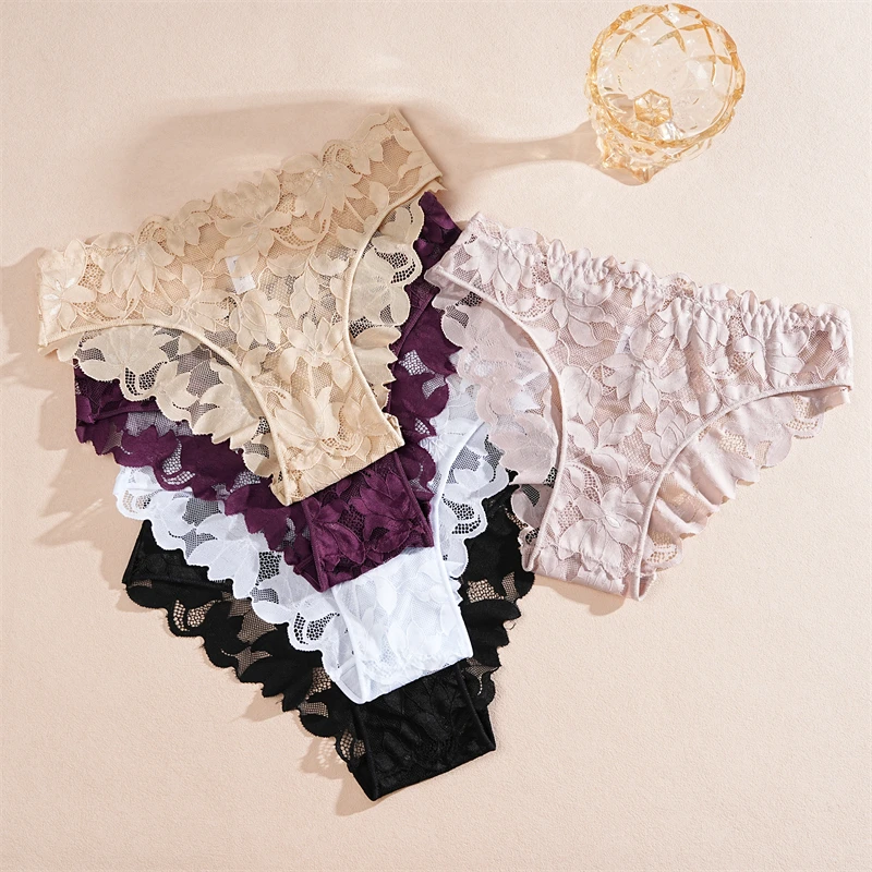 2Pcs Women's Satin Floral Lace Underwear Sexy Hollow Out Panties Solid Low-Waist Perspective Briefs Girls Soft Lingerie