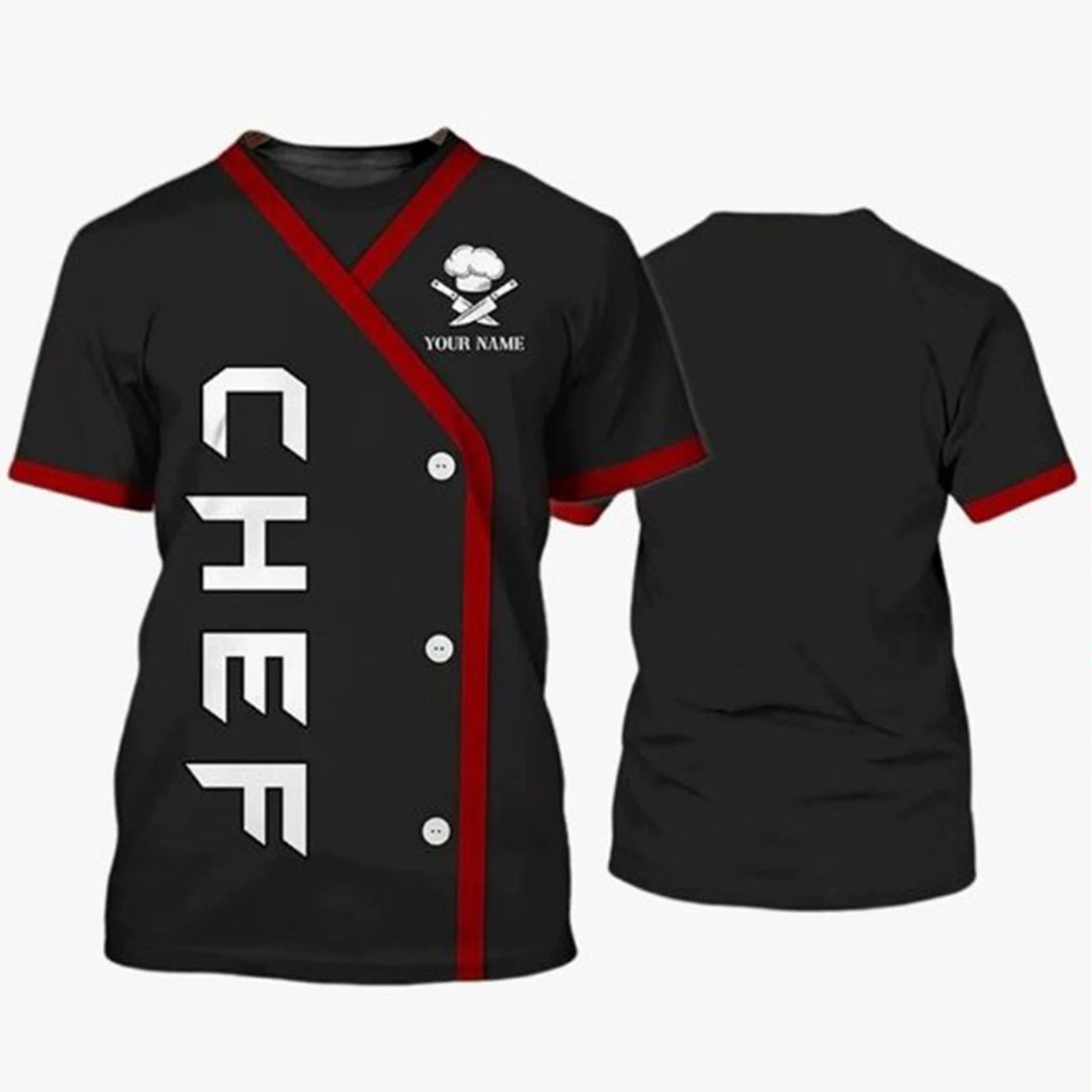 Unisex Chef Jacket Men Women Chef T-Shirt Short Sleeve Shirt with 3D Print Chef\'s Jacket Uniform Printed Tee Top Chef Undershirt