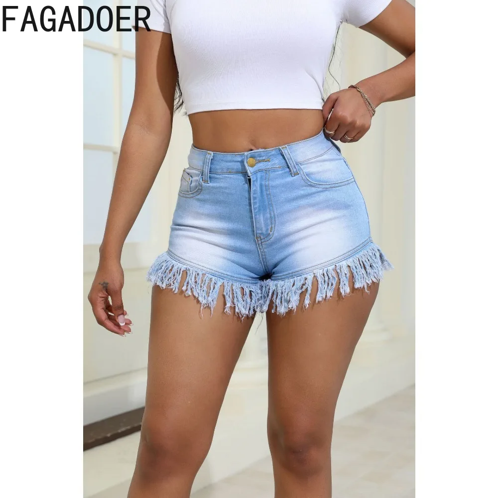 FAGADOER Light Blue Summer Denim Tassels Skinny Shorts Women High Waisted Button Pocket Slim Shorts Female Solid Cowboy Bottoms